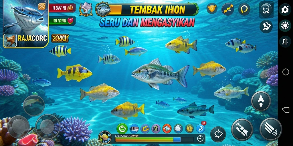 Tampilan gameplay RAJACORC yang seru saat menembak ikan.