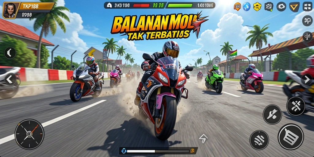 Screenshot gameplay TKP188 menunjukkan aksi balapan motor yang mendebarkan.
